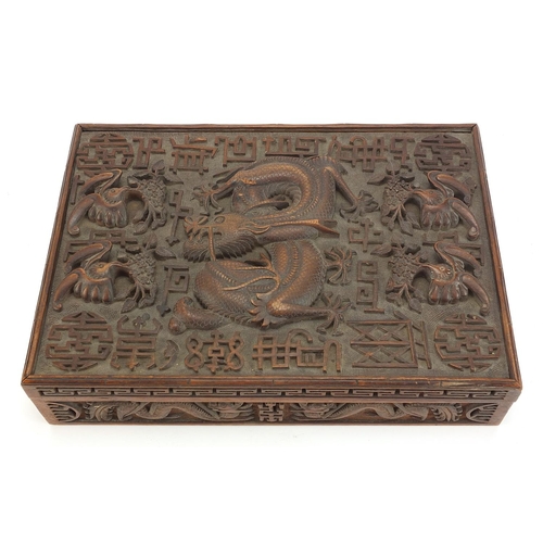 534 - Large Chinese hardwood workbox deeply carved in relief with dragons and bats, 7.5cm H x 30.5cm W x 2... 