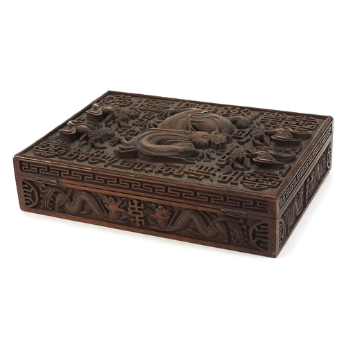 534 - Large Chinese hardwood workbox deeply carved in relief with dragons and bats, 7.5cm H x 30.5cm W x 2... 