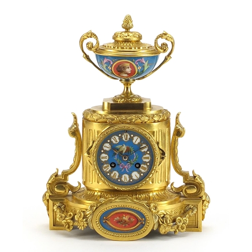 299 - French Ormolu mantle clock with Sevres style panels hand painted with birds and flowers, the circula... 