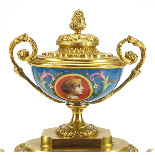 299 - French Ormolu mantle clock with Sevres style panels hand painted with birds and flowers, the circula... 