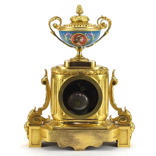 299 - French Ormolu mantle clock with Sevres style panels hand painted with birds and flowers, the circula... 