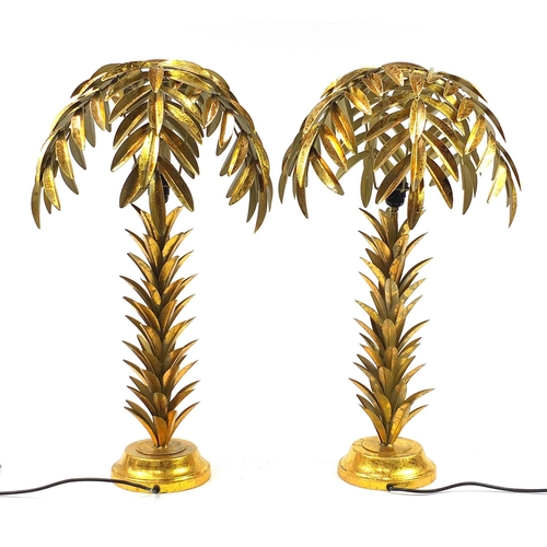 1303 - Pair of Hollywood regency style gilt metal table lamps in the form of palm trees, each 75cm high