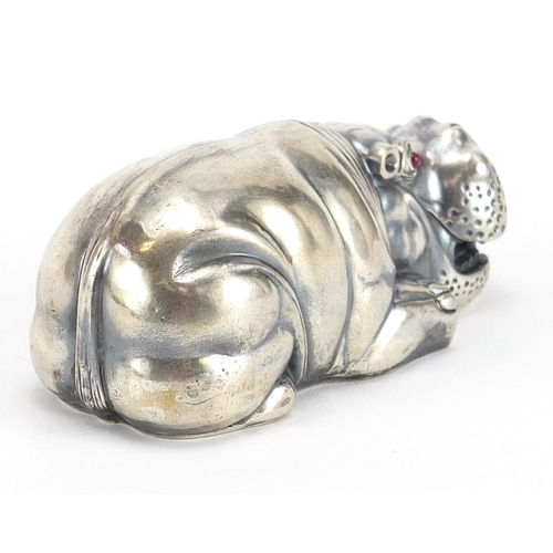 2226 - Silver model of a recumbent hippopotamus with ruby eyes, impressed Russian marks, 7.5cm in length, 7... 