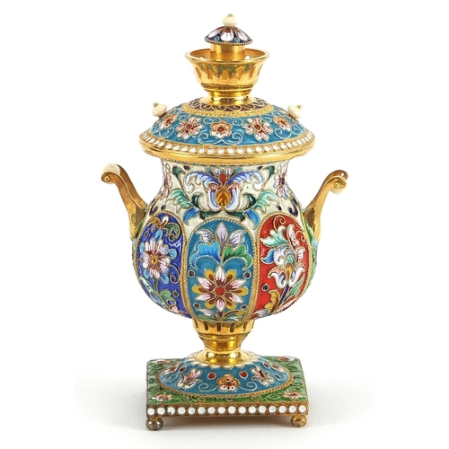 2242 - Miniature silver gilt and enamel samovar, impressed Russian marks to the base, 10cm high, 155.0g