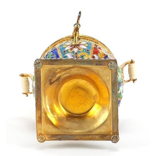 2242 - Miniature silver gilt and enamel samovar, impressed Russian marks to the base, 10cm high, 155.0g