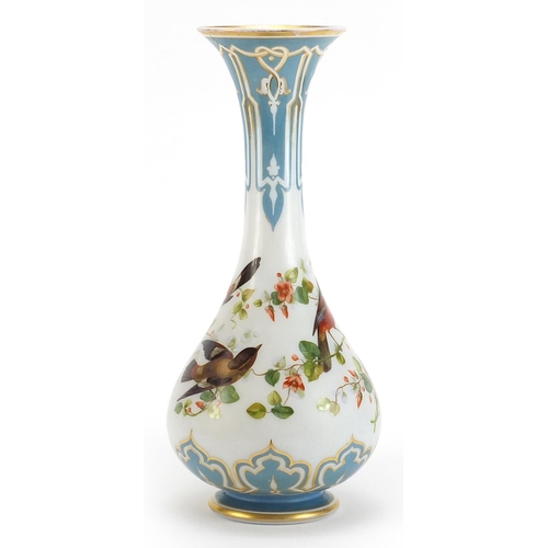 268 - 19th century opaline glass vase hand painted with birds amongst flowers, 40cm high