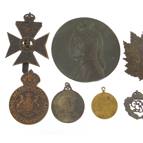 648 - Badges and medallions, some military interest including circular bronze example of Dante, the larges... 