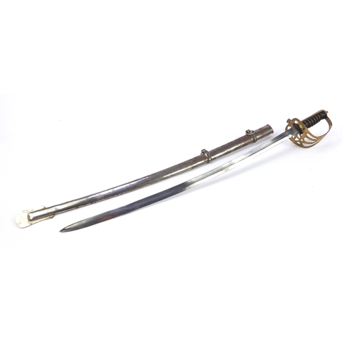 2353 - Military interest sabre with scabbard and brass handle 101cm in length