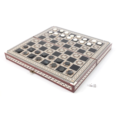 1380 - Moorish style inlaid folding games board, 8cm H x 40.5cm W x 20cm D when closed