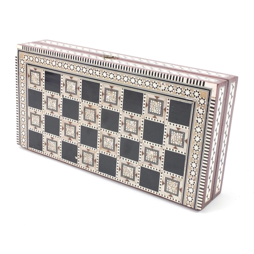 1380 - Moorish style inlaid folding games board, 8cm H x 40.5cm W x 20cm D when closed