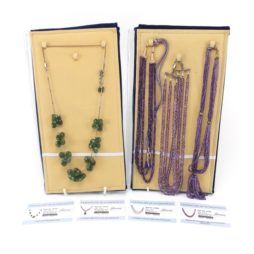 2174 - Four semi precious stone necklaces with silver clasps and certificates comprising green jade, Brazil... 