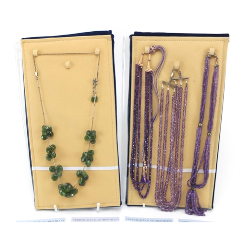 2174 - Four semi precious stone necklaces with silver clasps and certificates comprising green jade, Brazil... 