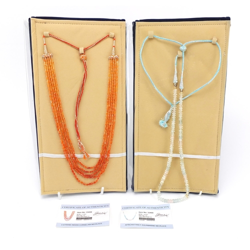 2178 - Two semi precious stone necklaces with  certificates comprising African fancy aquamarine and Indian ... 