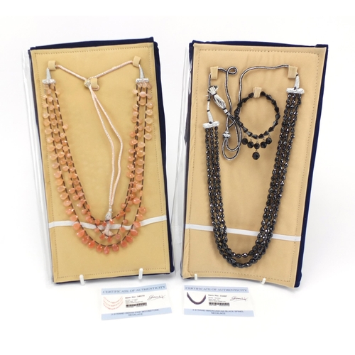 2177 - Two semi precious stone necklaces with certificates comprising Indian pink moonstone and Madagascan ... 