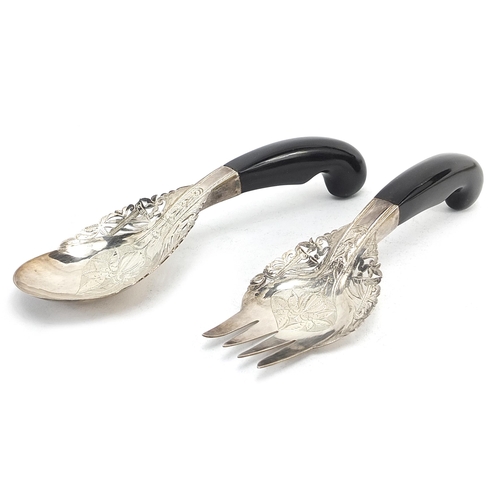 2238 - Pair of Indian silver salad servers with horn handles, pierced and engraved with birds amongst flowe... 