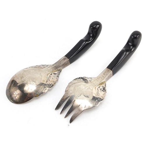 2238 - Pair of Indian silver salad servers with horn handles, pierced and engraved with birds amongst flowe... 