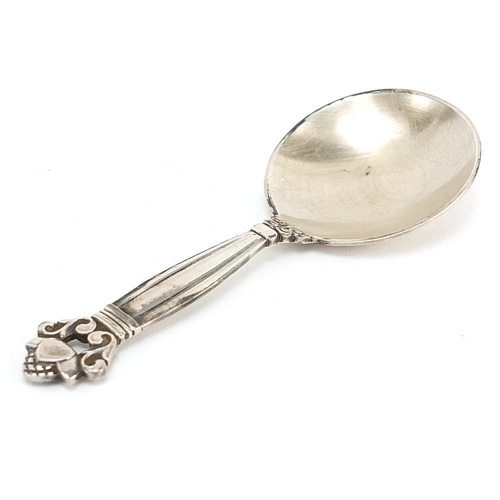 2224 - Georg Jensen, Danish silver acorn caddy spoon, London 1948 import marks, 10.5cm in length, 25.2g