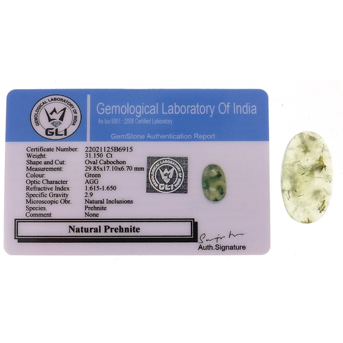 2080 - Oval cabochon prehnite gemstone with certificate, approximately 31.150 carat