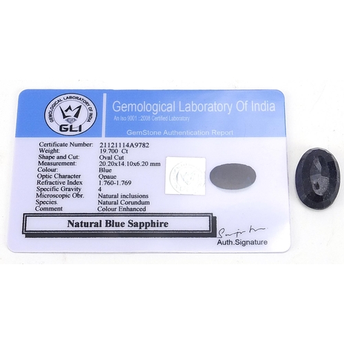 2046 - Oval blue sapphire gemstone with certificate, approximately 19.700 carat