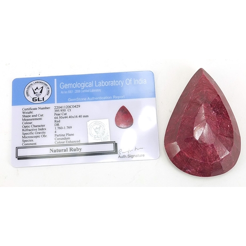 1804 - Large pear ruby gemstone with certificate, approximately 395.95 carat