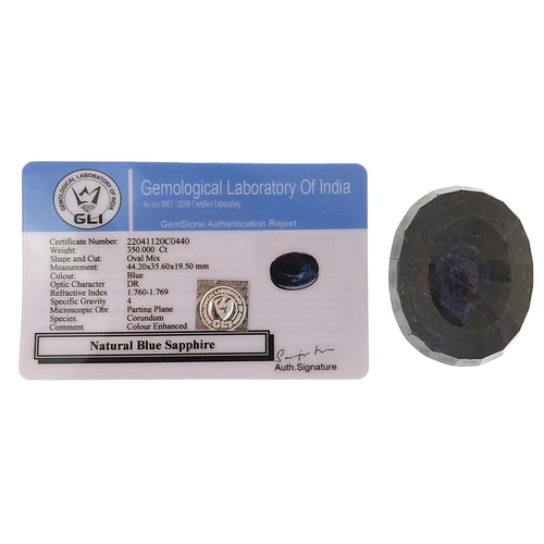 1828 - Large oval blue sapphire gemstone with certificate, approximately 350.0 carat