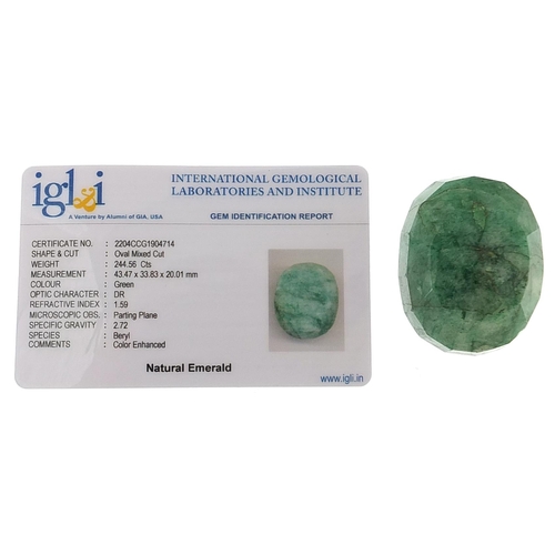 1734 - Large oval emerald gemstone with certificate, approximately 244.56 carat