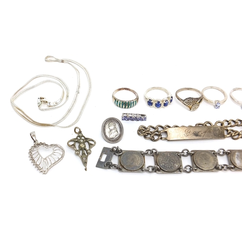 1909 - Silver jewellery including a thrupenny bit bracelet, necklaces, rings and identity bracelet, 95.6g