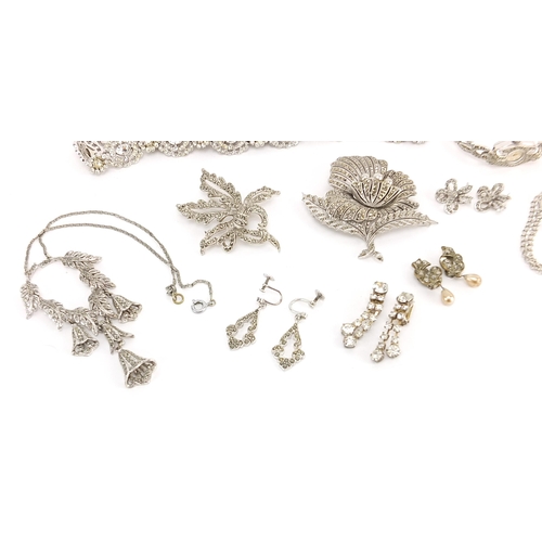 2138 - Collection of white metal marcasite and clear stone jewellery including wristwatch, brooches, neckla... 