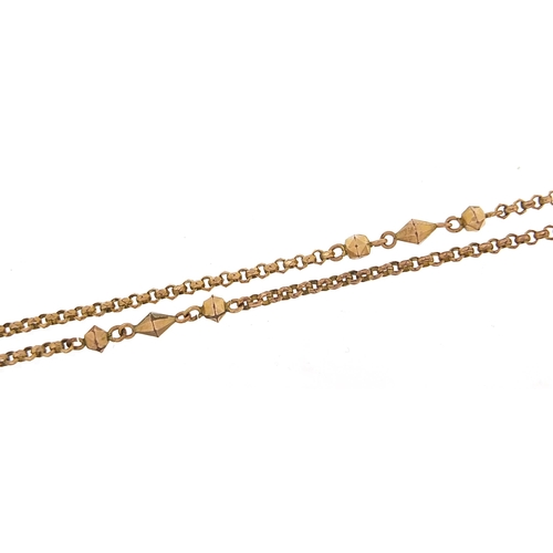 1799 - Victorian yellow metal longuard chain, 140cm in length, 26.2g