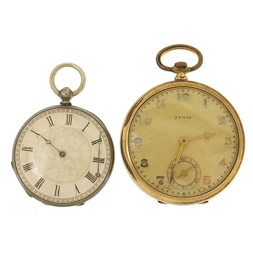 2164 - Ladies silver open face pocket watch and a Tempo gold plated open face pocket watch, 46mm and 38mm i... 