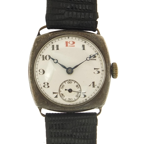 1880 - Gentlemen's military interest silver trench style watch with enamelled dial, 28mm wide