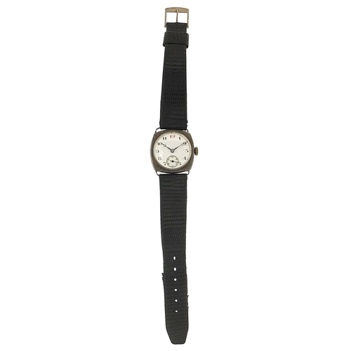 1880 - Gentlemen's military interest silver trench style watch with enamelled dial, 28mm wide