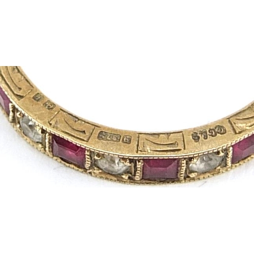 1941 - 9ct gold ruby and white sapphire eternity ring, size P, 2.7g