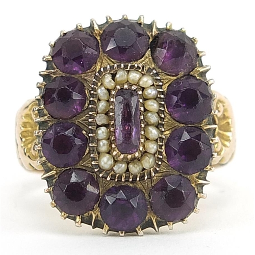 1648 - Antique gold, amethyst and seed pearl cluster ring, the shank marked 9ct gold Birmingham 1895, size ... 