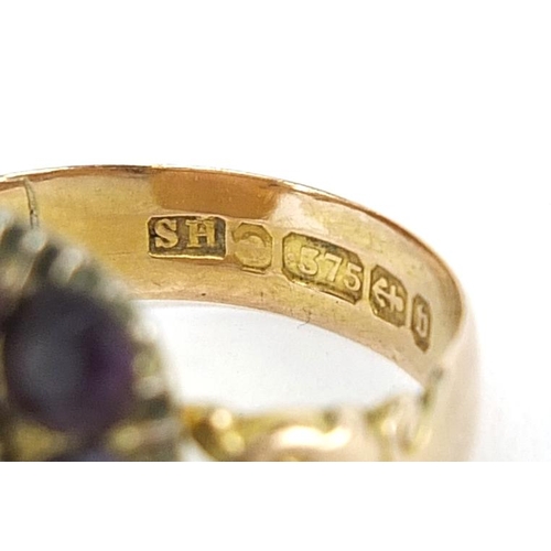 1648 - Antique gold, amethyst and seed pearl cluster ring, the shank marked 9ct gold Birmingham 1895, size ... 