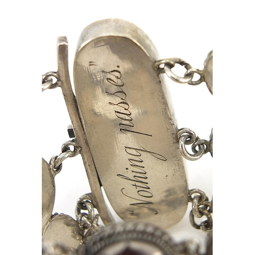 1992 - Unmarked silver mother of pearl bracelet, the clasp embossed with sea life animals and engraved Noth... 