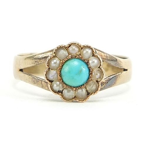 1682 - Antique gold turquoise and seed pearl flower head ring, the shank hallmarked 22ct gold Birmingham 18... 