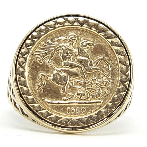 2063 - 9ct gold St George and the Dragon ring with pierced shoulders, size M, 2.3g