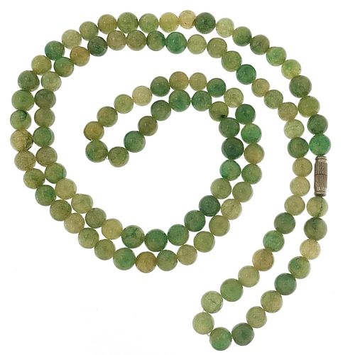 2162 - Chinese green jade bead necklace, 84cm in length, 73.2g