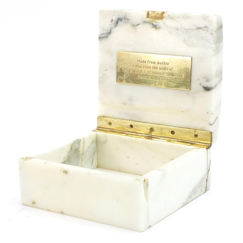 625 - White marble box, the hinged lid with brass plaque engraved Made from the marble taken from the wall... 