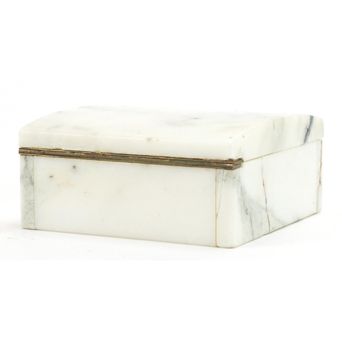 625 - White marble box, the hinged lid with brass plaque engraved Made from the marble taken from the wall... 