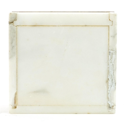 625 - White marble box, the hinged lid with brass plaque engraved Made from the marble taken from the wall... 