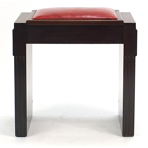 873 - Art Deco piano stool with red leather lift up seat, 51cm H x 53cm W x 33cm D