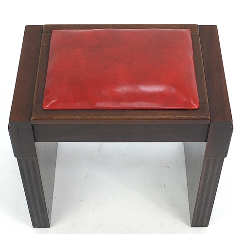 873 - Art Deco piano stool with red leather lift up seat, 51cm H x 53cm W x 33cm D