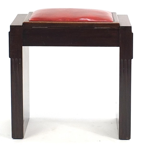 873 - Art Deco piano stool with red leather lift up seat, 51cm H x 53cm W x 33cm D