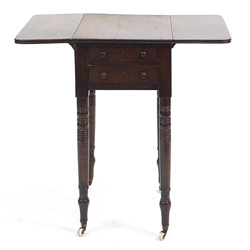 808 - Victorian mahogany drop leaf table with two frieze drawers raised on turned legs, 71.5cm H x 50cm D ... 