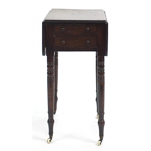 808 - Victorian mahogany drop leaf table with two frieze drawers raised on turned legs, 71.5cm H x 50cm D ... 