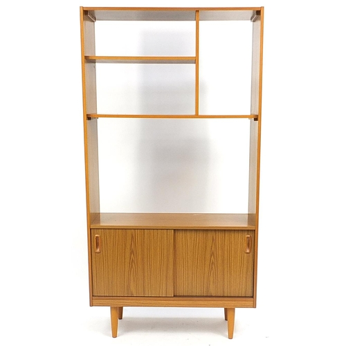 862 - Schreiber, Scandinavian style mid century teak room divider with open shelves above a pair of slidin... 