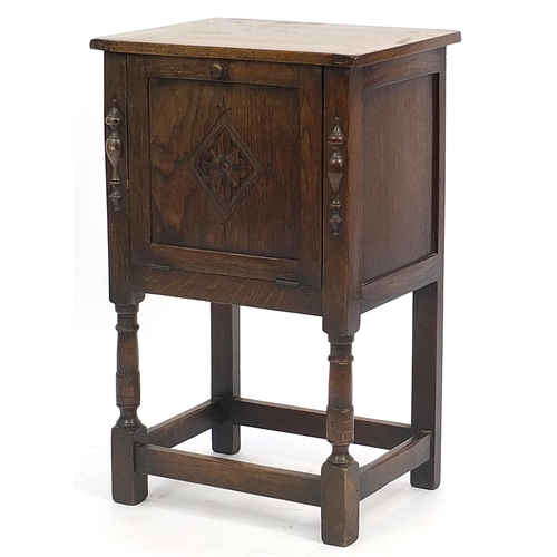 851 - Carved Ipswich oak side cabinet with hinged top and drop down front, 75cm H x 46.5cm W x 36cm D