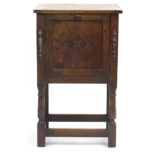 851 - Carved Ipswich oak side cabinet with hinged top and drop down front, 75cm H x 46.5cm W x 36cm D